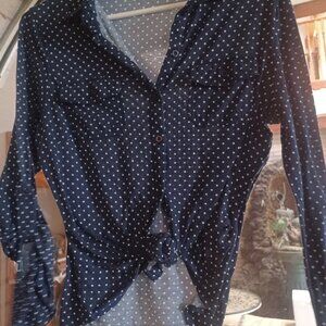 Papaya Junior Womens Button-Up Shirt Medium Navy White Polka Dots